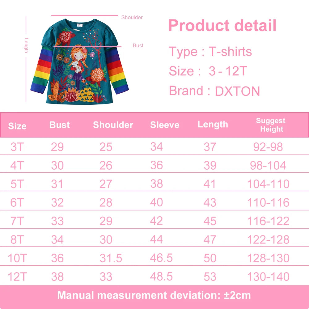 DXTON Winter Girls Tops Floral Printed Toddlers T-shirts Cotton Children Clothing Rainbow Long Sleeve Cartoon Kids Tees For Girl