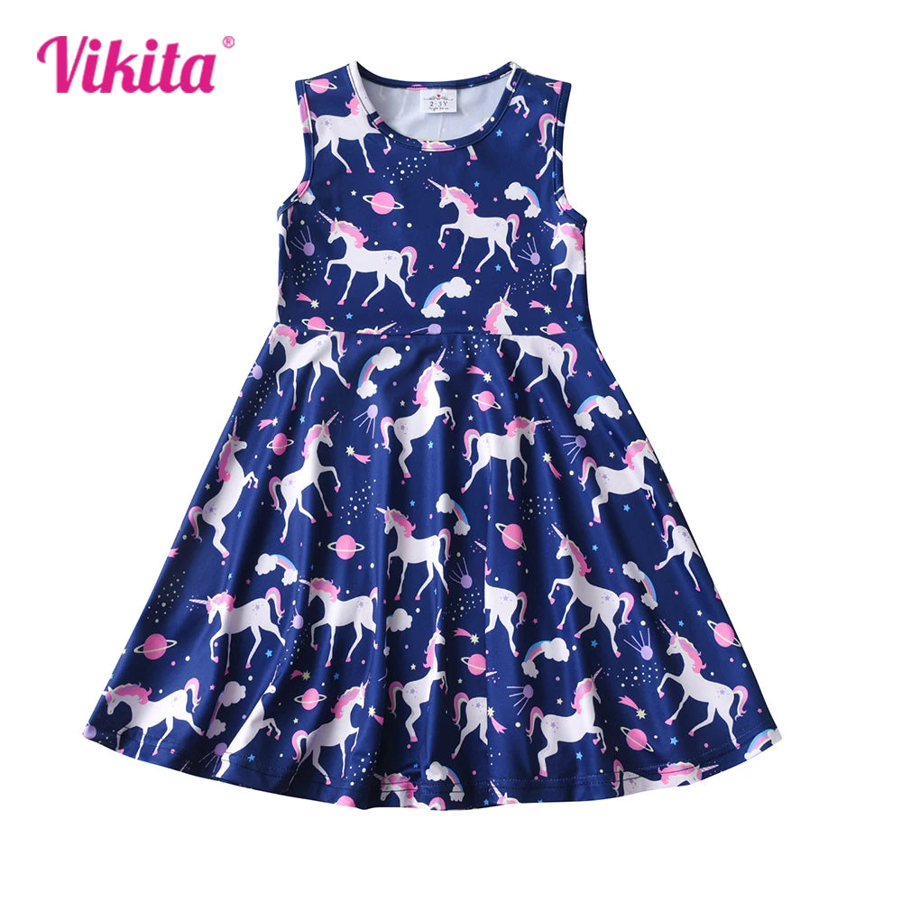 VIKITA Girls Licorne Rainbow Cosmos Print Summer Sleeveless Dress Kids Polyester Daily Casual Party School Dresses Kids Clothing