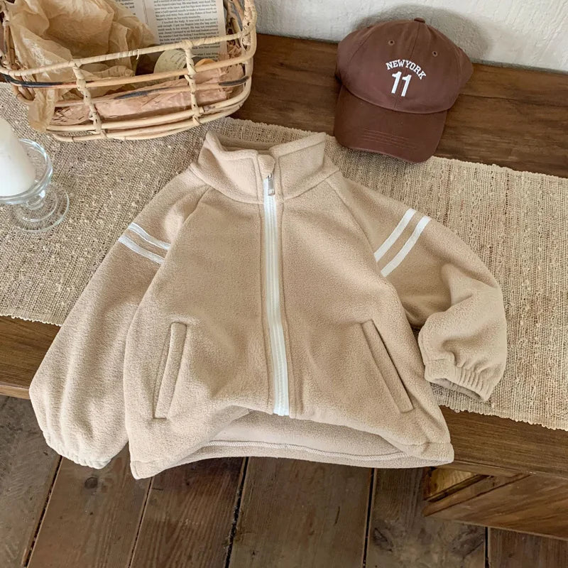 4-10Year Children Outwears Fleece for Winter Autumn Teenager Boy Jackets High Collar Coats Fashion Striped Solid Kid Girl Jacket
