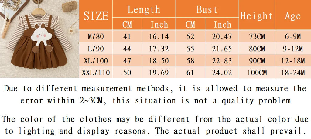 Spring And Autumn New Brown Striped Long Sleeved Baby Girl Dress, Cute Cloud Children'S Clothing For Babies Aged 6-24 Months