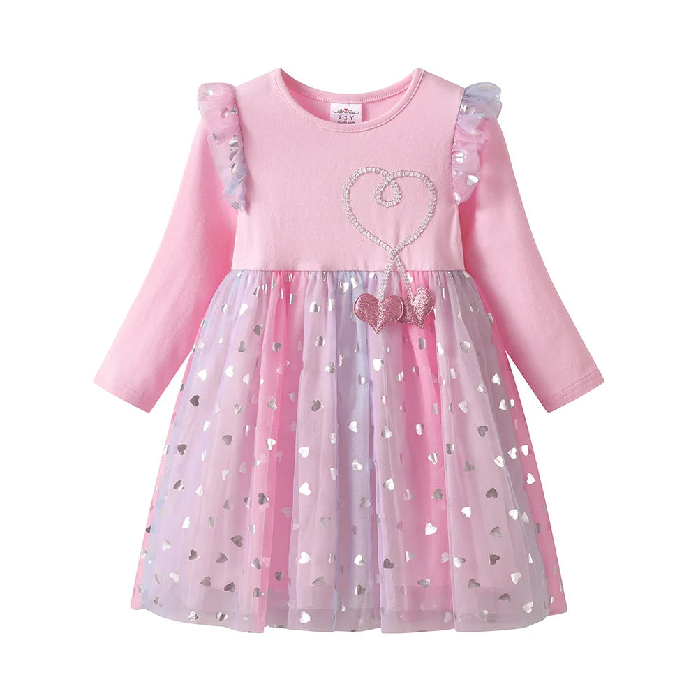 VIKITA 2025 Children Clothes Girls Autumn Spring Long Sleeve Pink Dress Kids Heart Shape Mesh Tulle Princess Party Starry Frocks
