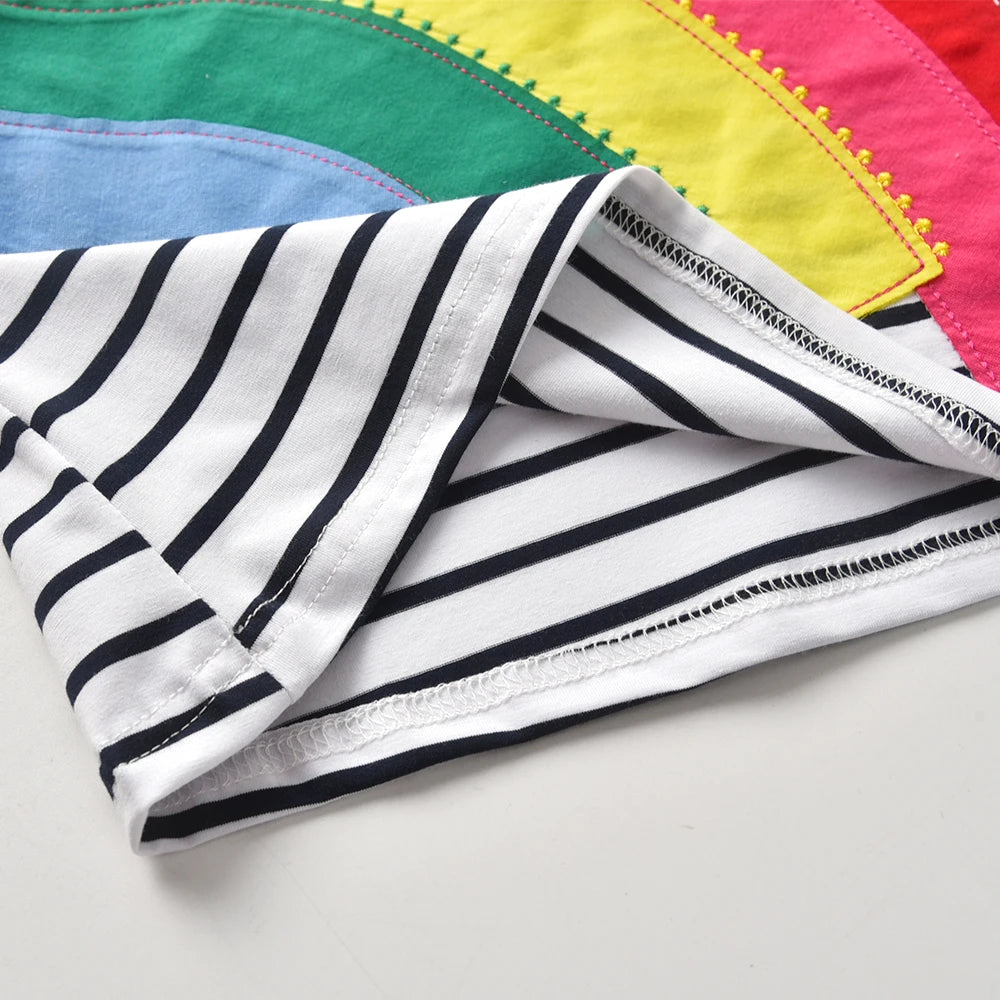 VIKITA Girl Short Sleeve Striped Dress for Summer Kids Rainbow Appliqued Cotton Casual Daily Cozy Straight Vestidos Kids Clothes