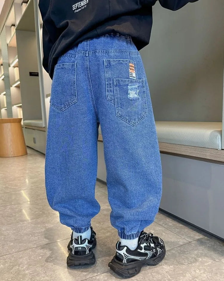 2025 New Boys' Denim Jeans Spring Autumn Kids Casual Sport Pants Long Korean Style Trendy Streetwear