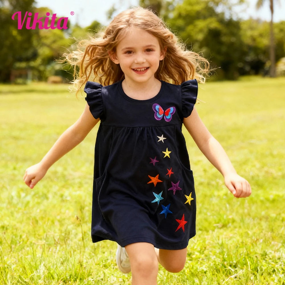 VIKITA Toddlers Flare Sleeve Summer Dress Kids 3D Butterfly Embroidery Cotton Casual Dress with Pockets Kids Daily Casual Wear