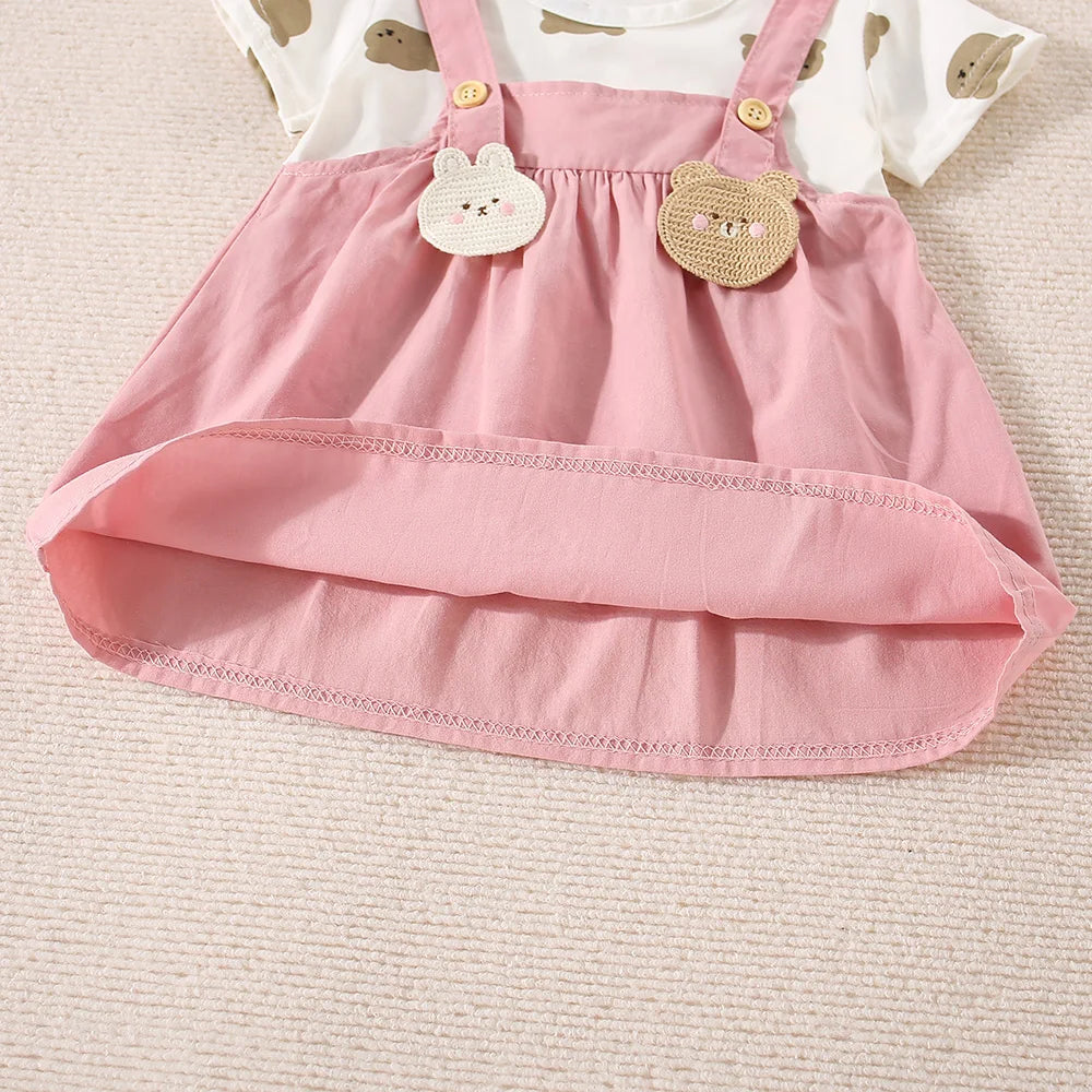 (6-24 Months) Summer New Small Bear Short Sleeved Baby Girl Dress, Fake Two Children'S Clothes