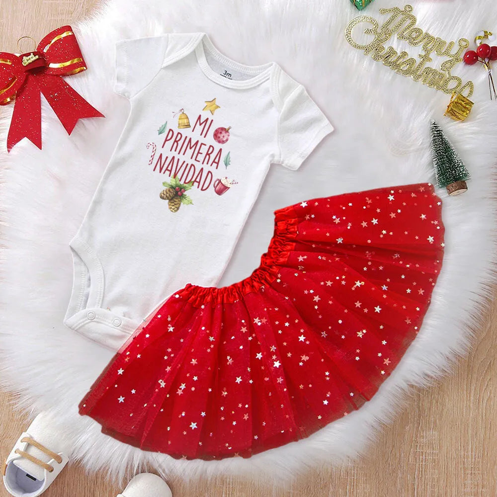 Mi 1ra Navidad Baby Tutu Skirt Set Christmas Little Deer Pattern Infant Dress Newborn Bodysuit+Cake Skirts Xmas Baby Clothes