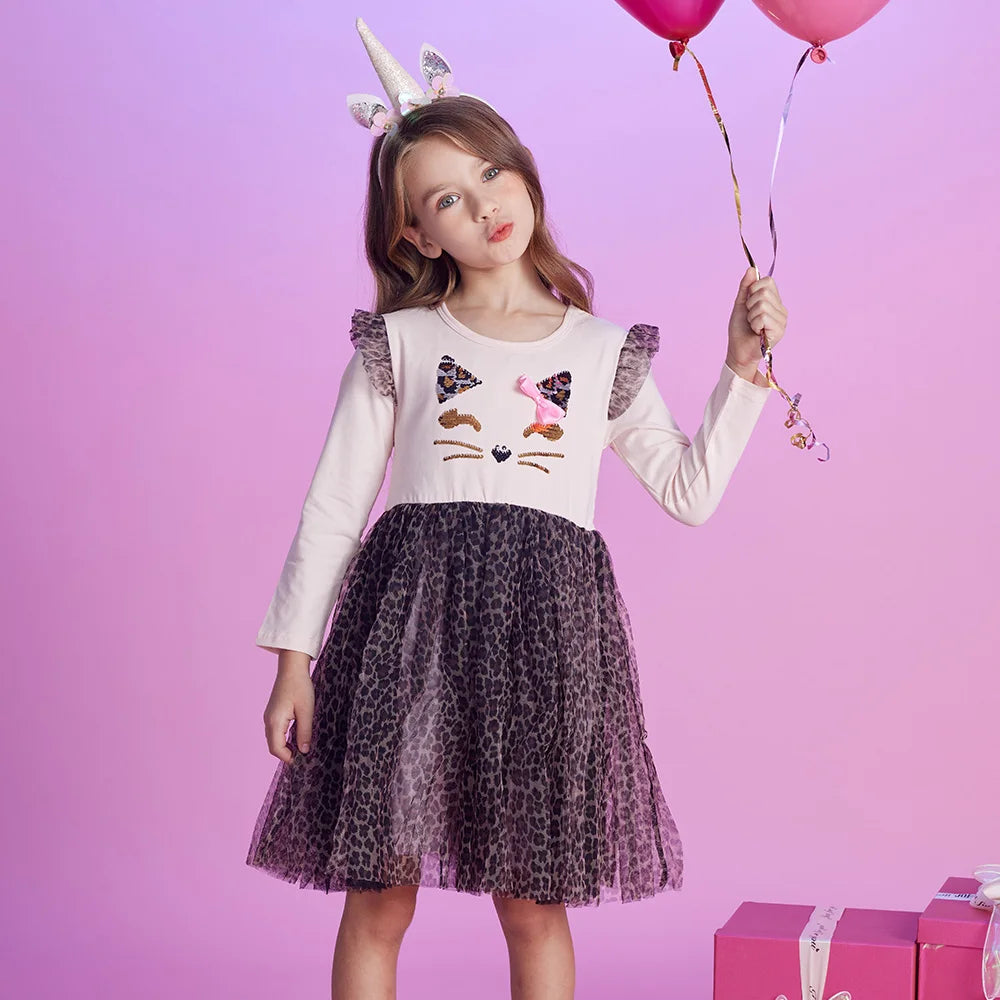 VIKITA Kids Leopard Print Dress Girls Cat Cartoon Flare Sleeve Princess Dresses Girls Autumn Spring Patchwork Fashion Dress