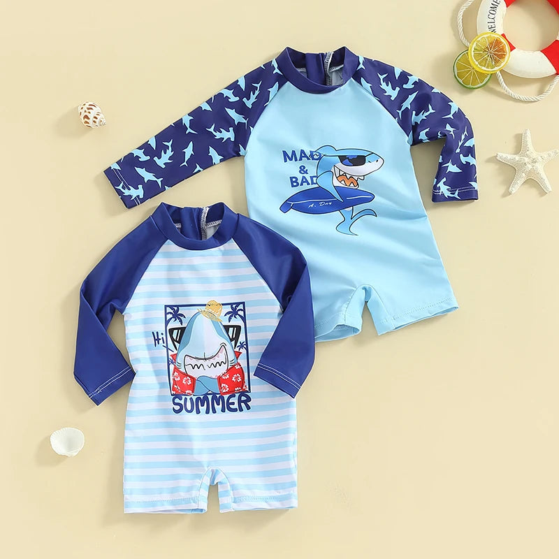 Children s Boys Summer Swimwear Cute Shark Print Short Sleeve Rash Guard Swimsuit Beachwear Bathing Suit for Kids