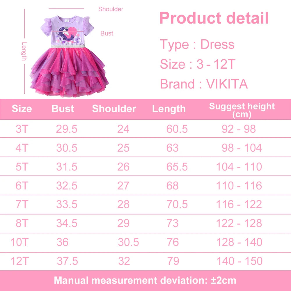 VIKITA Kids Short Sleeve Summer Dress Girls Unicorn Heart Design Dresses Kids Mesh Tulle Layered Cake Irregular Tutu Dresses