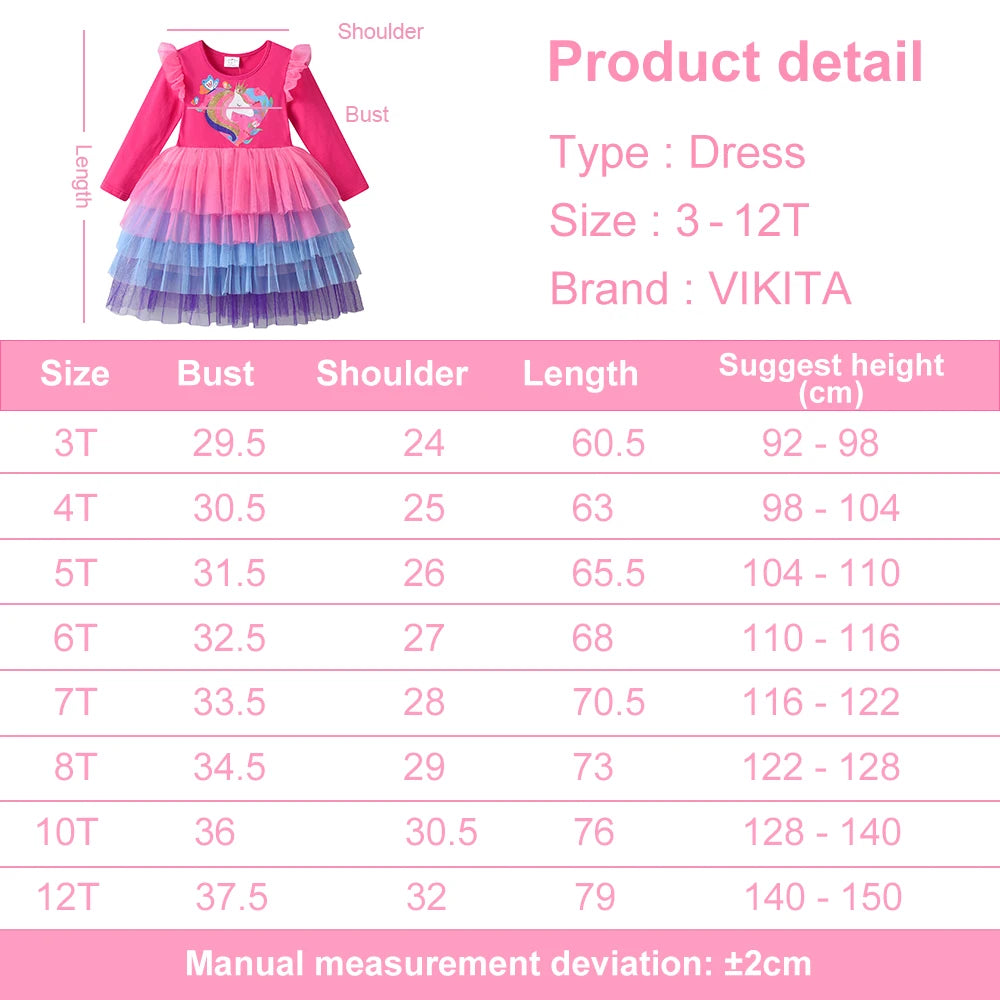 VIKITA New Girls Unicorn Pink Dress Kids Layered Mesh Tulle Tutu Princess Dresses Kids Prom Gown Long Sleeve Autumn Spring Dress