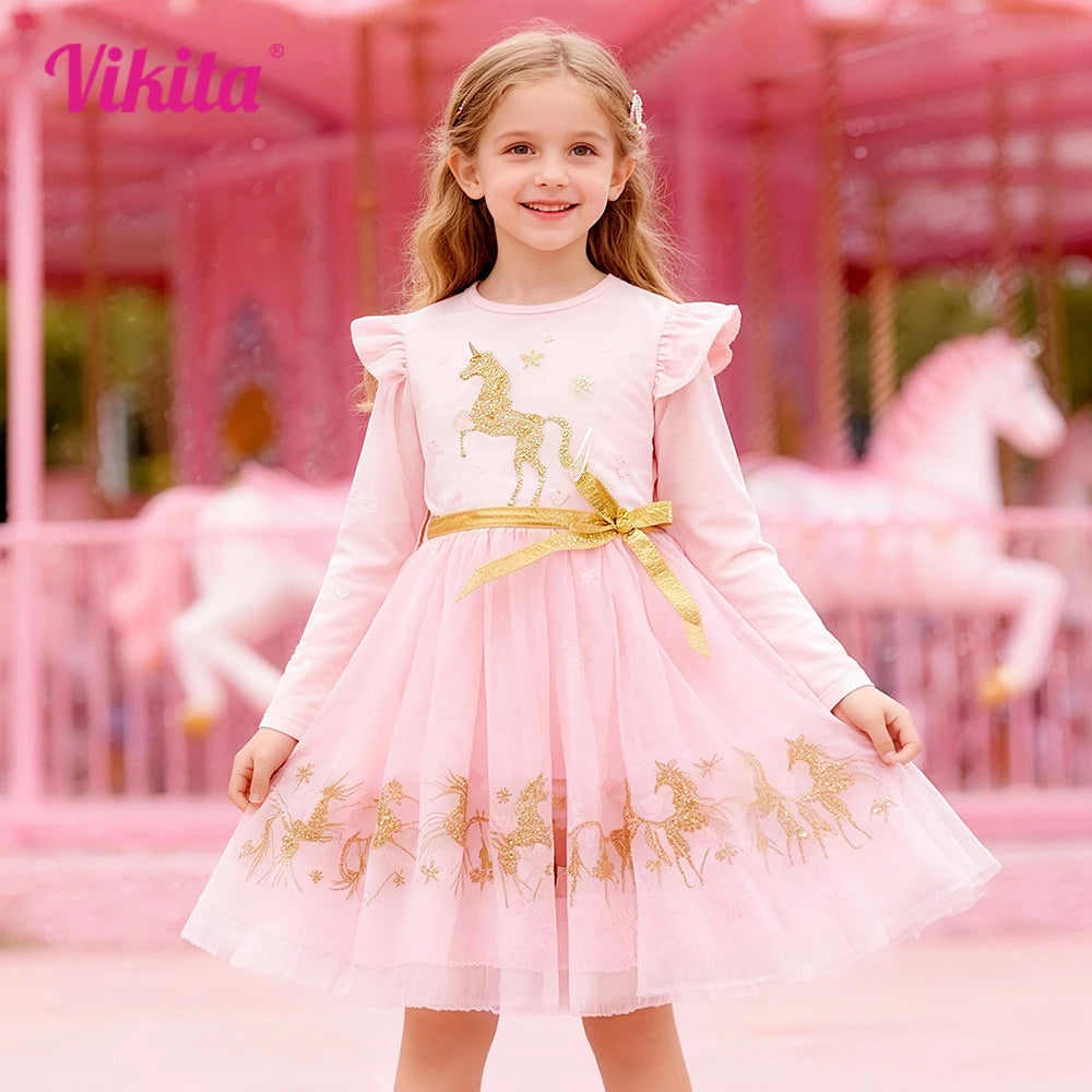 VIKITA Girls Pink Long Sleeve Dress with Glittery Golden Unicorn Kids Ruffled  Sleeve Tulle Mesh Skirt Princess Party Prom Gown