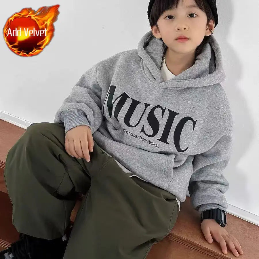 2025 New Boys' Kids' Autumn Winter Printed Fleece-Lined Thickened Hooded Hoodie - Stylish Trendy Top