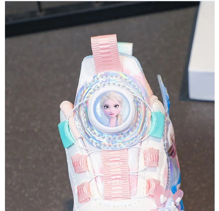 Disney LED Casual Sneakers Spring Girls Frozen Elsa Princess PU Leather Shoes Children Lighted Non-slip Pink Size 23-35