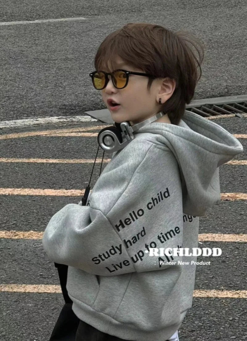 Autumn Winter Kids' Mid-Small Edgy Fleece-Lined Letter Print Hooded Hoodie - Warm Korean-Style Baby To Big Kids Top