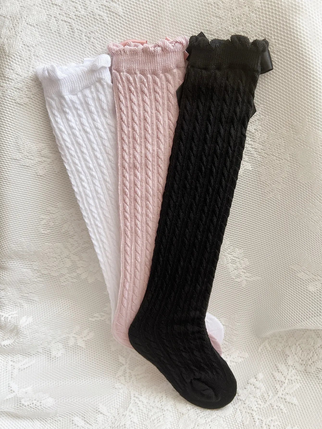 3pairs Girls Bow Decor Over The Calf Long Socks
