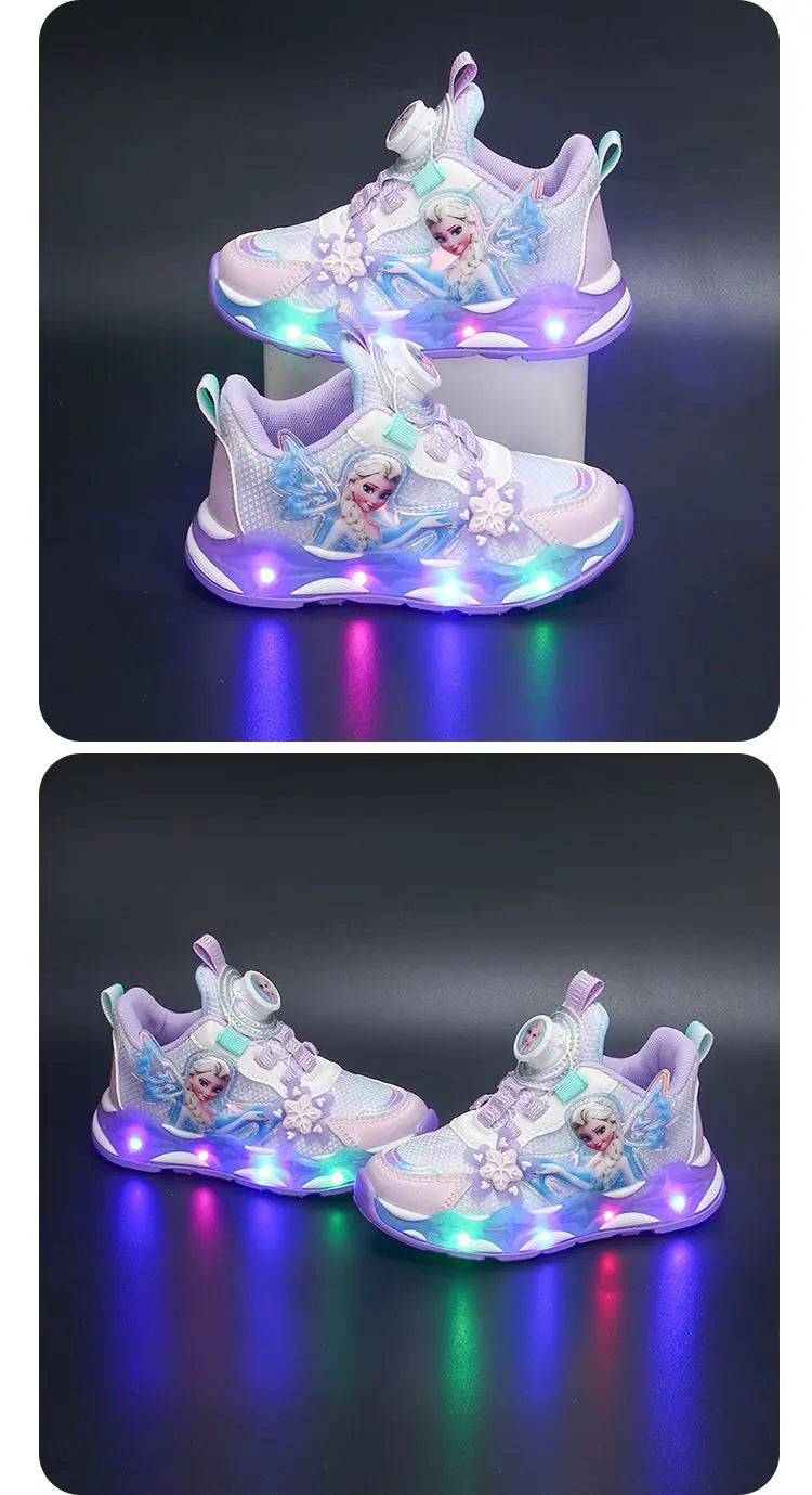 Disney LED Casual Sneakers Spring Girls Frozen Elsa Princess PU Leather Shoes Children Lighted Non-slip Pink Size 23-35