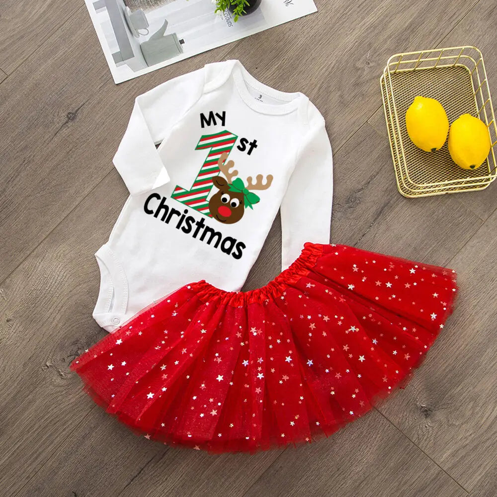 My 1St Christmas Baby Bodysuit Cake Dresses Set Infant Girls Long Sleeve Playsuit Tutu Skirts Clothes Toddler Xmas Party Outfits