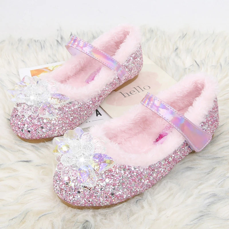 Disney Girls' Plush Slippers Frozen Cute Children's Princess Elsa Winter Cotton Slippers Baby Snow Home Pink Blue Shoes Size 23