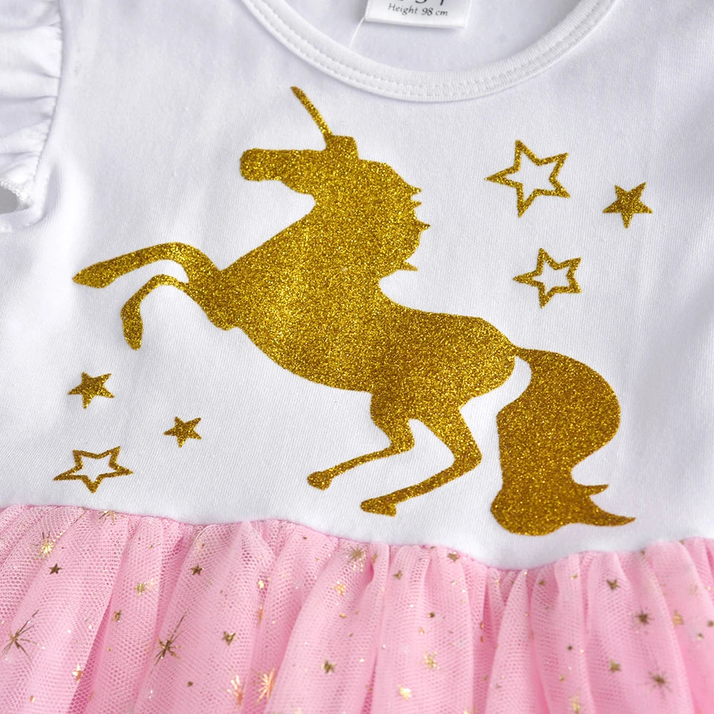 VIKITA Girls Licorne Print Dress Girls Flare Sleeve Summer Dresses Kids Birthday Party Patchwork Princess Elegant Cute Dresses