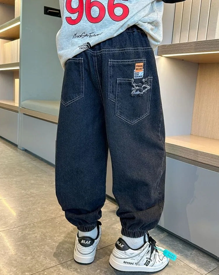 2025 New Boys' Denim Jeans Spring Autumn Kids Casual Sport Pants Long Korean Style Trendy Streetwear