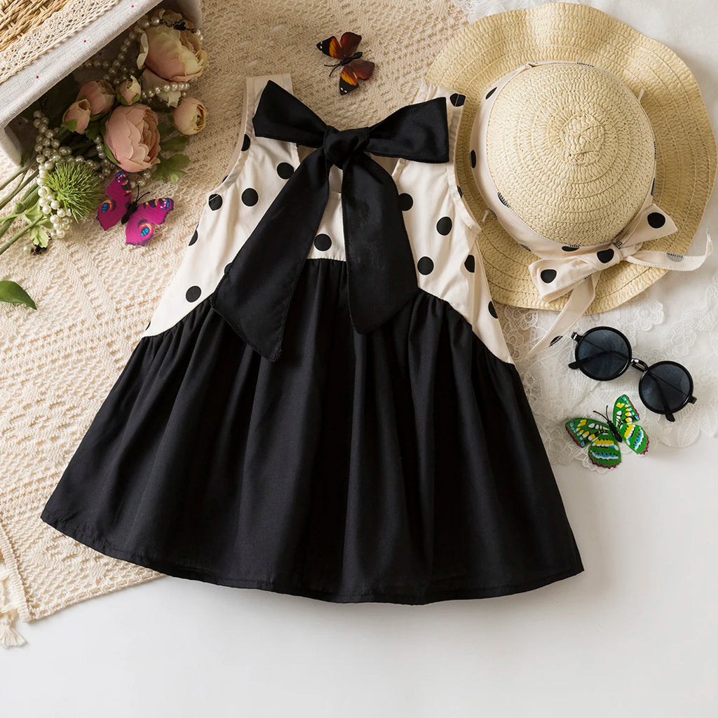 Sweet Black Bow Baby Girl Dress, Summer New Polka Dot Sleeveless Children'S Clothing With Free Hat (9 Months-4 Years Old)