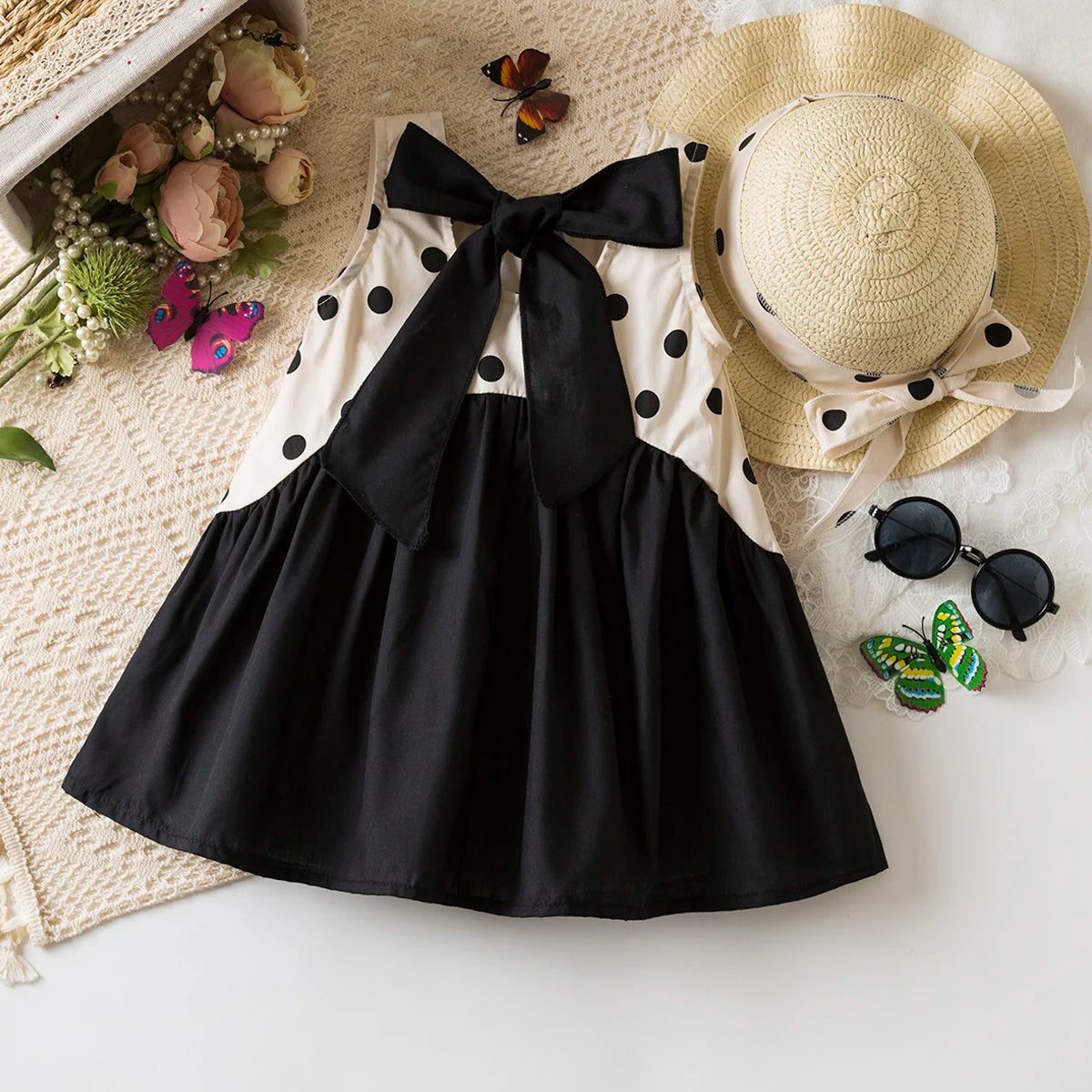 Sweet Black Bow Baby Girl Dress, Summer New Polka Dot Sleeveless Children'S Clothing With Free Hat (9 Months-4 Years Old)