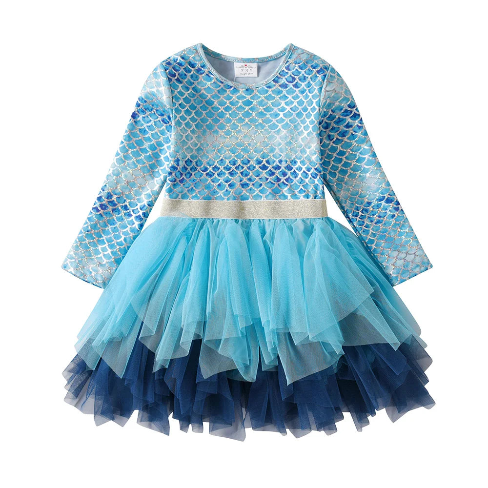 VIKITA Girls Blue Mermaid Print Tutu Dresses Kids Beach Vacation Birthday Party Gradient Princess Mesh Tulle Frocks 8 Years Old