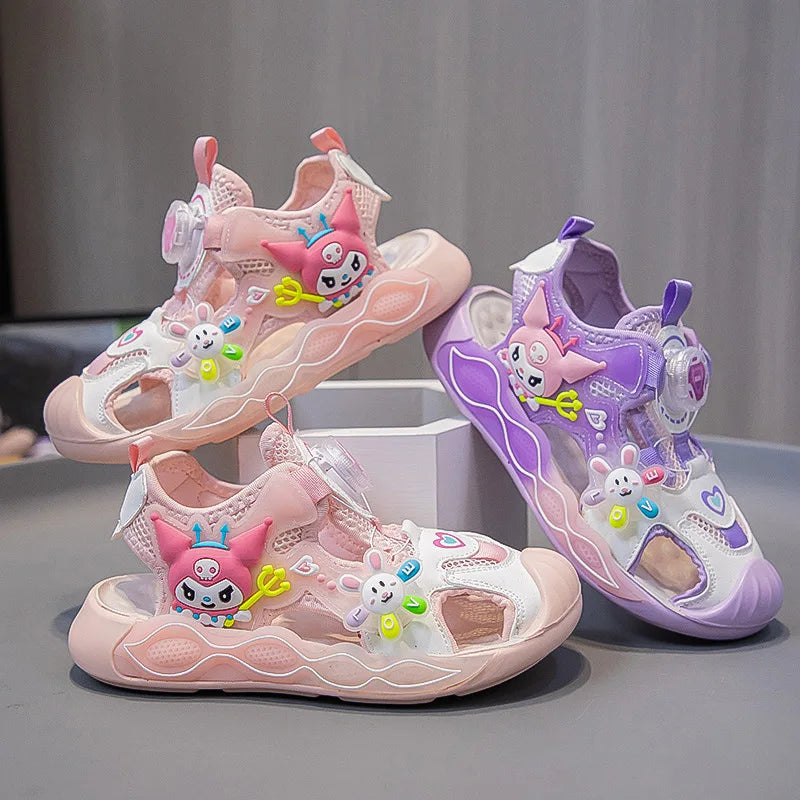 Sandals Girls Cartoon PU Leather Summer Fashion Outdoor Flat Bottom Breathable Anti-slip Pink Purple Size 26-37