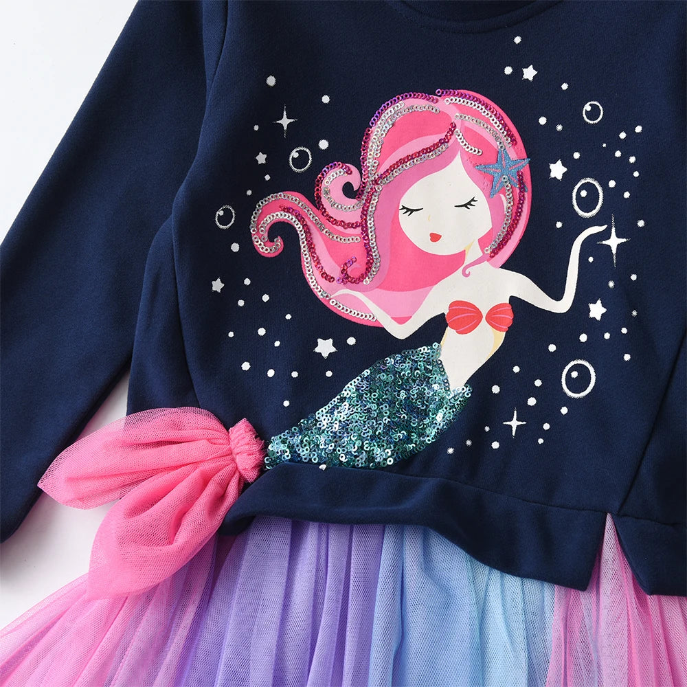 VIKITA Girls Sweater Dress Children Cotton Casual Patchwork Dress Kids Mermaid Appliqued Princess Cartoon Party Fashion Dresses