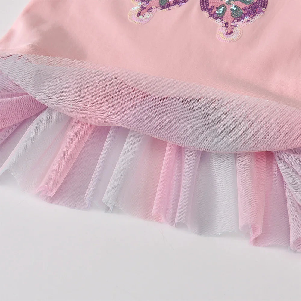 Girls Pink Flare Sleeve T Shirt Kids Sequined Colorful Butterfly Appliqued Ruffle Tees Kids Parties Casual Outings Cotton Tops