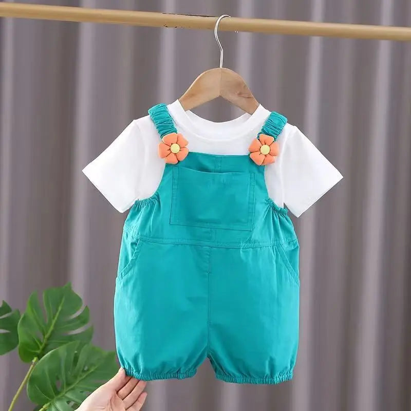 New Summer Baby Clothes Suit Children Girls Cute Short Sleeved T-Shirt Overalls 2Pcs/Sets Toddler Casual Costume Kids Tracksuits