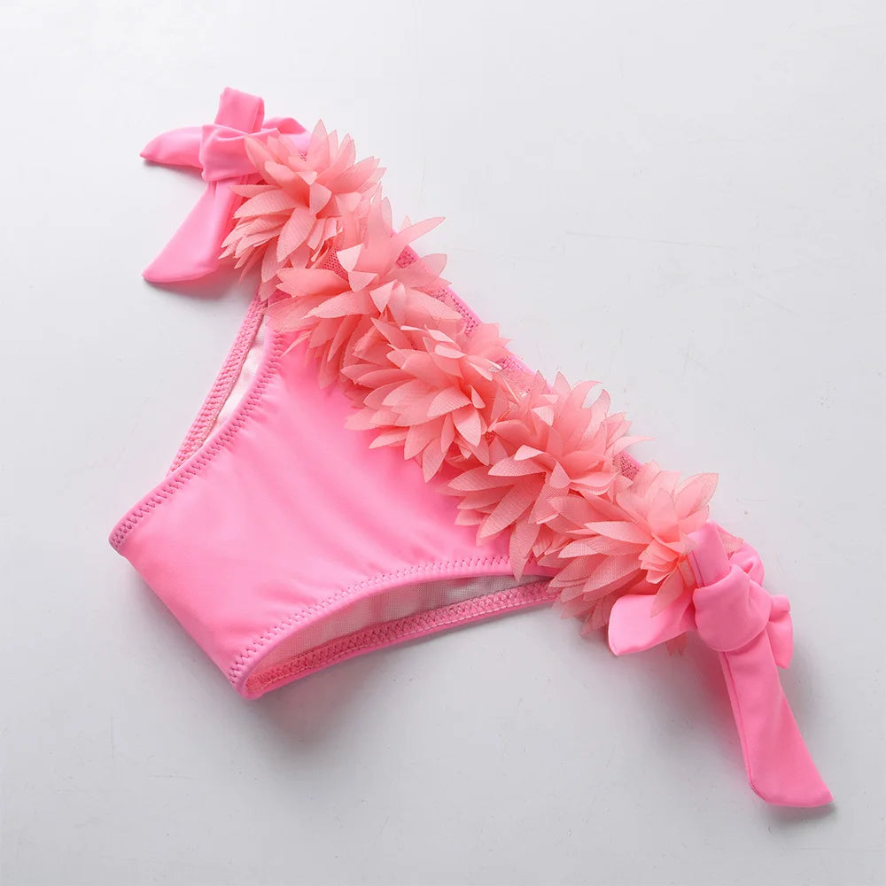 Girls Pink Floral Bikini Sets Kids One Shoulder Tulle Pink Swimsuit 2 Pcs Toddlers Summer Beach Vacation Party Stylish Swimwear