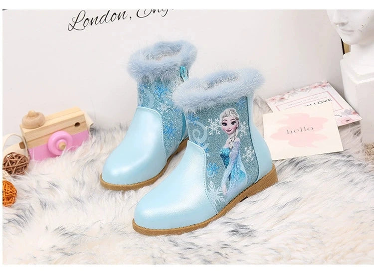 Disney Girls' Boots Winter Fashion Frozen Elsa Princess Children's Short Girls' Cotton Fur Ankle Boots Girls' Pink Shoes Size 25