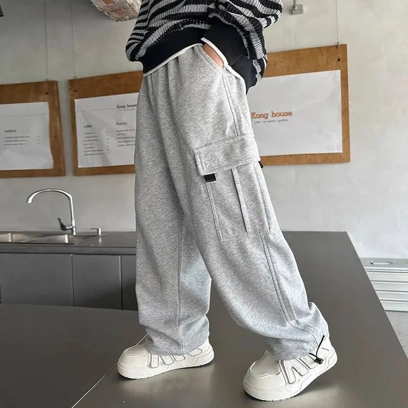 2025 New Boys Autumn Winter Fleece-Lined Sports Cargo Pants, Big Boy Streetwear Trends, Warmth & Comfort