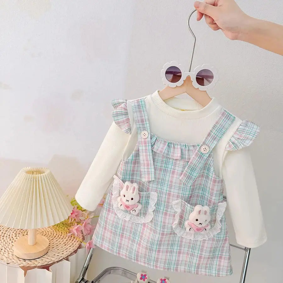 Small Plaid Baby Girl Dress, Spring And Autumn New Cartoon Rabbit Children'S Long Sleeved Clothes (9 Months -3 Years Old)