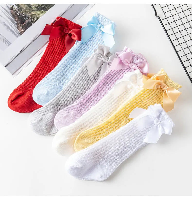 Limit quantity 0-2Y Children Girls Royal Style Bow Knee High Fishnet Socks Baby Toddler Bowknot Socks Kid Hollow Out Sock Sox
