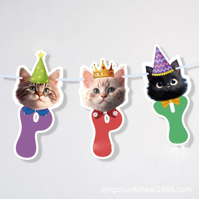Cat Face Hanging Swirl Decorations Banner Party Supplies Pet Meow Happy Birthday Theme Decor Paper Funny Favor for First 1stBday
