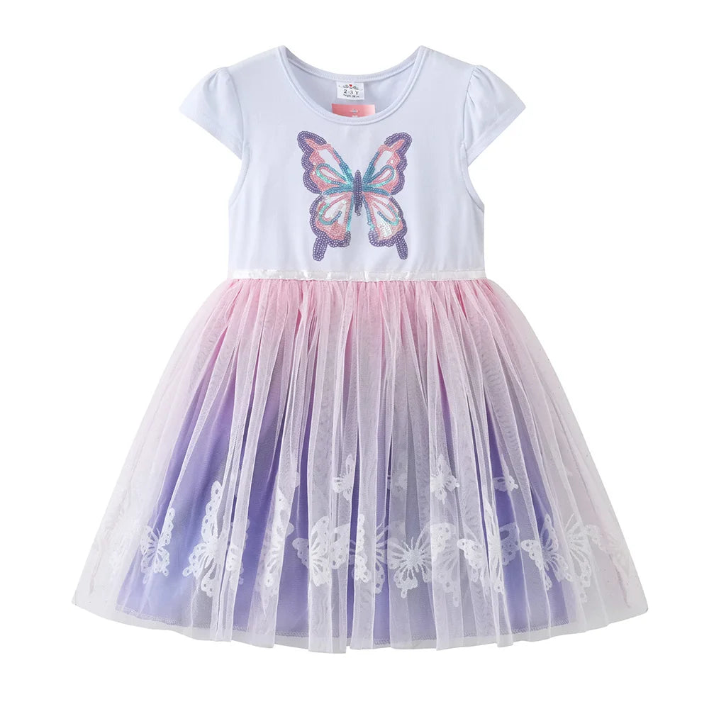 VIKITA Girls White Short Sleeve Dress Kids Colorful Sequined Butterfly Appliqued Gradient Tulle Fashion Elegant Princess Dress