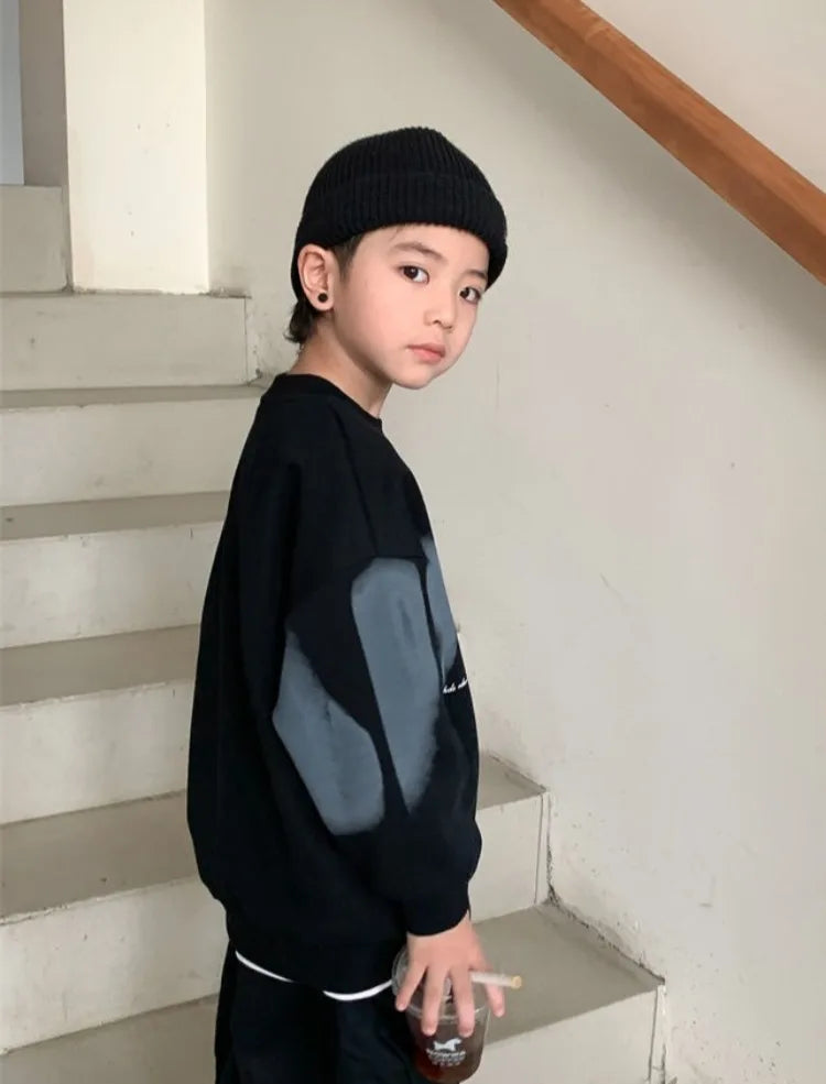 Boys' Medium To Large 2025 New Arrival No Hood Crewneck Spring/Autumn Trendy Street Style Kids Sweatshirt