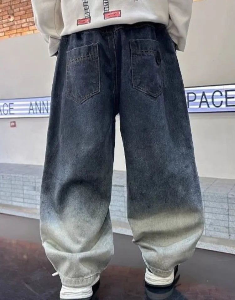 2025 New Boys' Gradient Denim Jeans Straight Leg Loose Fit Wide Pants for Kids Spring/Fall Casual Wear, Trendy & Stylish
