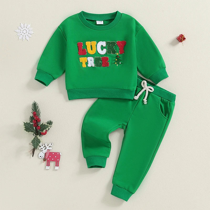 Toddler Boy Girl Winter Christmas Tree Print Long Sleeve Round Neck Sweatshirt and Pants Outfit Set with Letter Embroidery