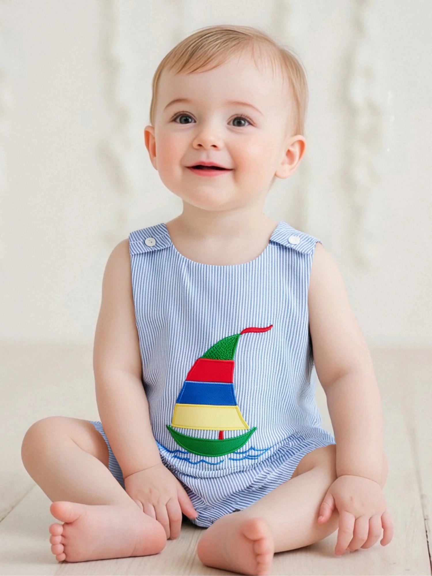 Toddler Boy Nautical Striped Romper with Anchor Embroidery Adorable Sleeveless Jumpsuit Beachwear for Summer Fun