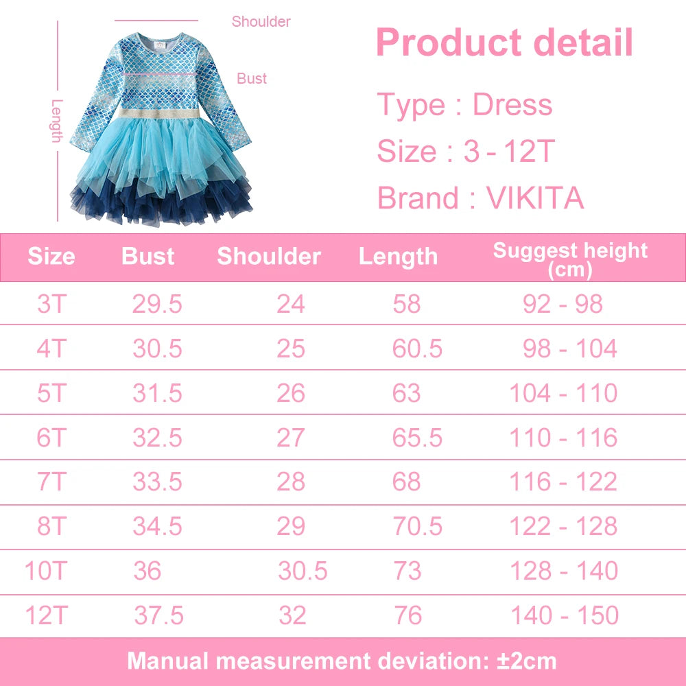 VIKITA Girls Blue Mermaid Print Tutu Dresses Kids Beach Vacation Birthday Party Gradient Princess Mesh Tulle Frocks 8 Years Old
