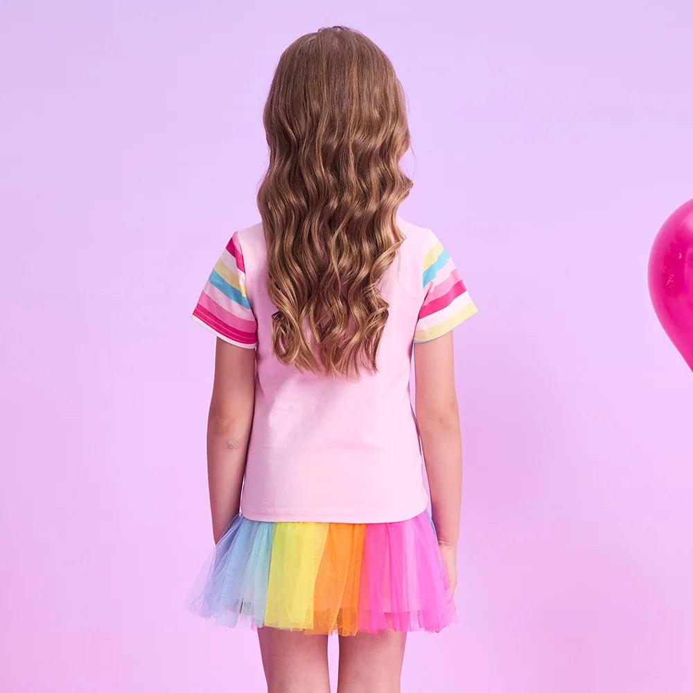 VIKITA Girls Mermaid Print Cartoon T Shirt Kids O Neck Summer Short Sleeve T Shirts Girls Pink Cotton Casual Tops and Tees Wear