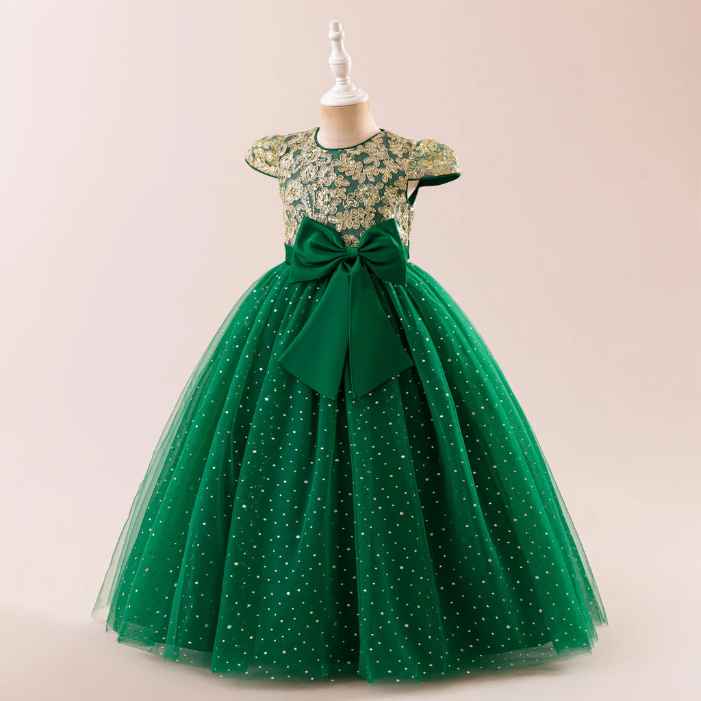 Elegant Bow Bridesmaid Party Girls Dress Sequin Flower Wedding Birthday Princess Dress Girl Tulle Prom Performance Gala Costumes