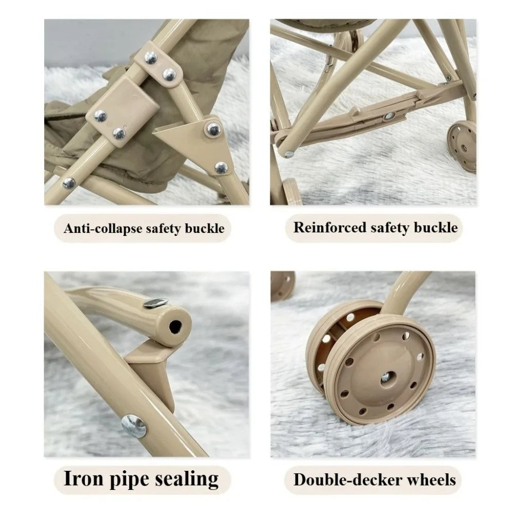 Folding Umbrella Doll Stroller for Girls Soft Embroidery with Sturdy Metal Frame Pretend Play with Dolls Christmas Gift for Kids