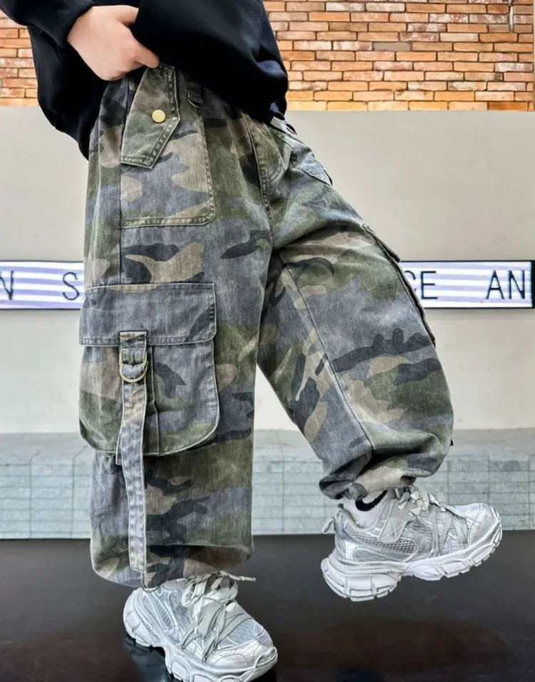 2025 New Boys Autumn Camouflage Tactical Pants - Kids Cargo Pants with Multiple Pockets, Trendy & Comfortable for 8-14 Years Old