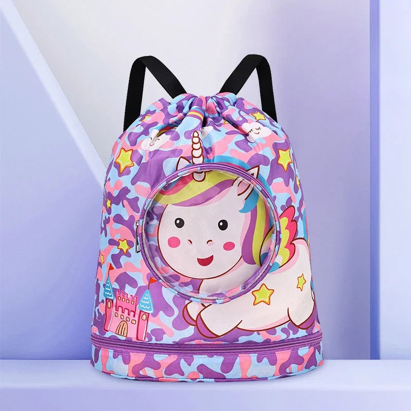Kids Swim Beach Bag Drawstring Backpack with Shoe Compartment Cartoon Pool Bag for for Wet Swimming Sport Travel Boys Girls
