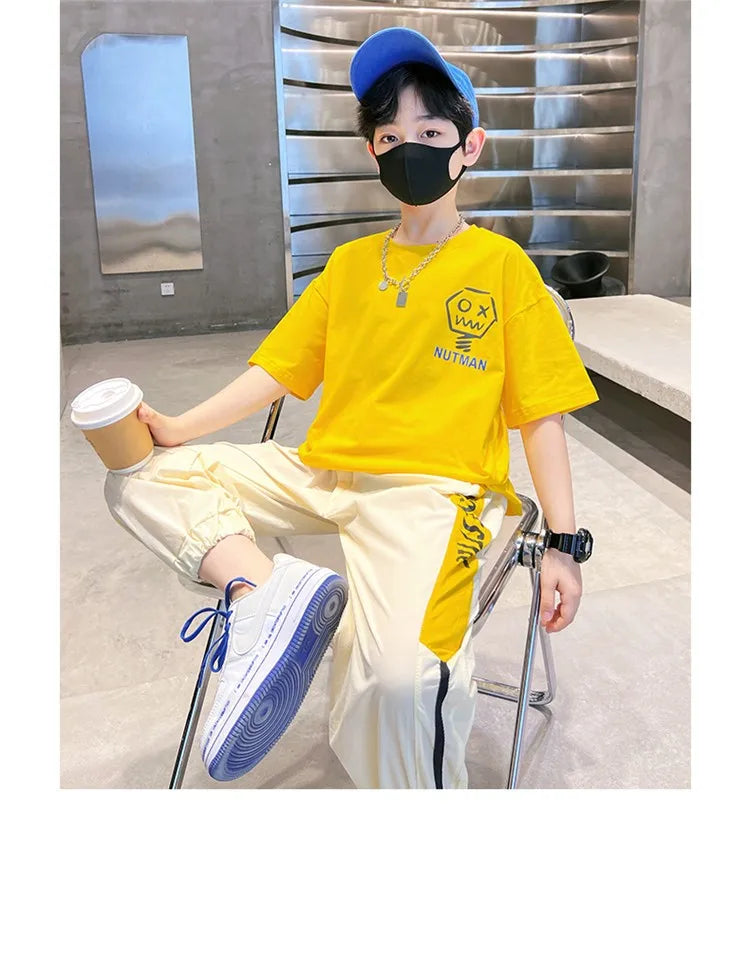 4-12 Years Teen Summer Boys Clothing Sets Fashion Letter Short Sleeve T-shirt Pants 2Pcs Suit For Kids Children Casual Outfits