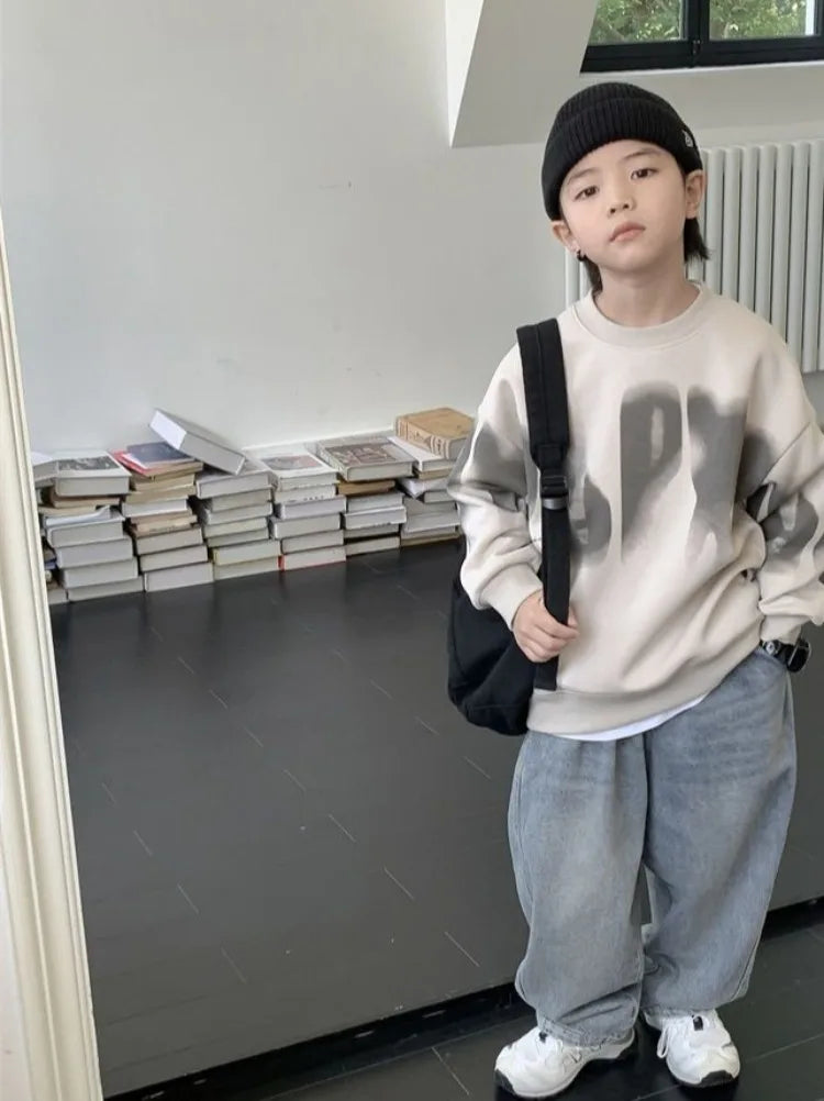Boys' Medium To Large 2025 New Arrival No Hood Crewneck Spring/Autumn Trendy Street Style Kids Sweatshirt